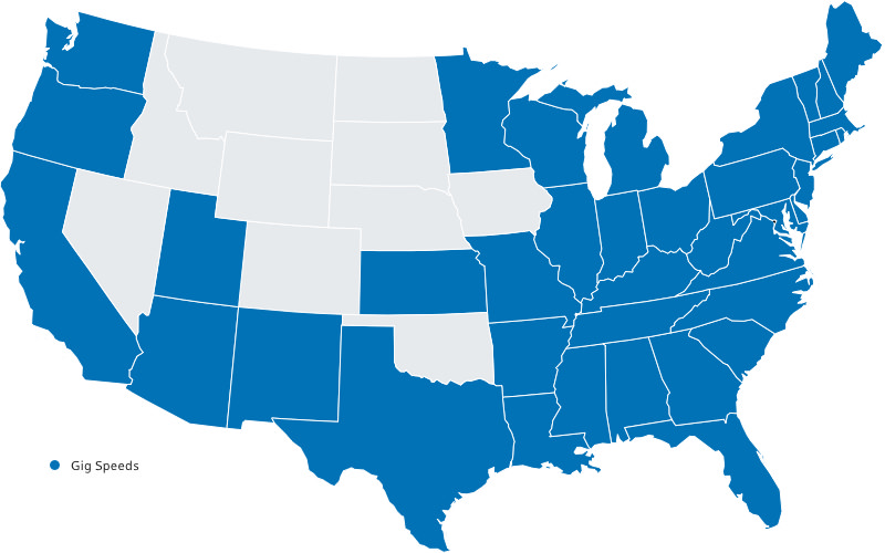 Map showing places where Gig Speeds are offered