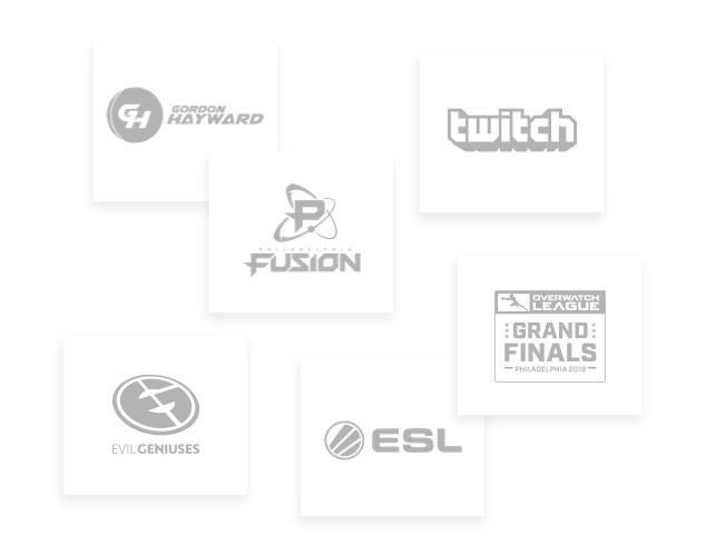 Gordon Hayward logo, Twitch logo, ESL logo, Evil Geniuses logo, Overwatch League logo, Philadelphia Fusion logo