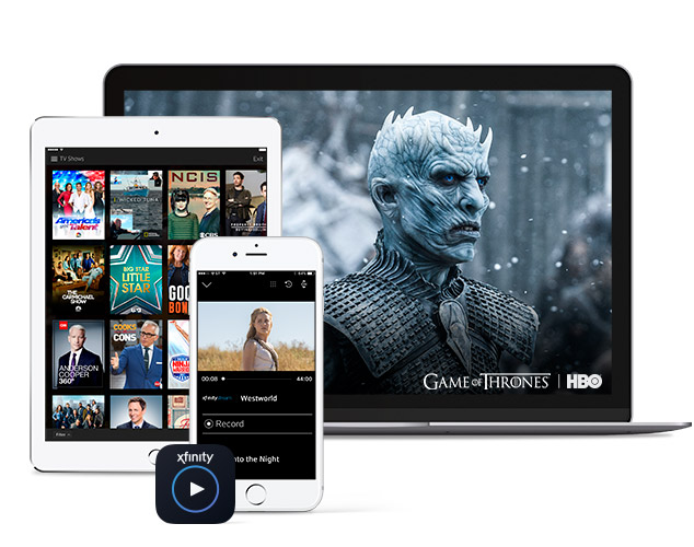 Laptop, tablet, and iPhone playing shows