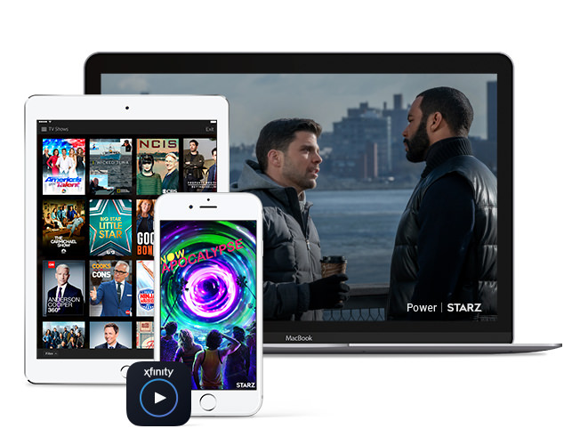 Mobile Phone, Tablet, and Laptop computer displaying various screens with Starz shows
