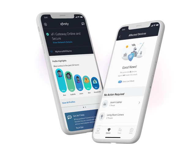 Dos teléfonos mostrando la Xfinity app