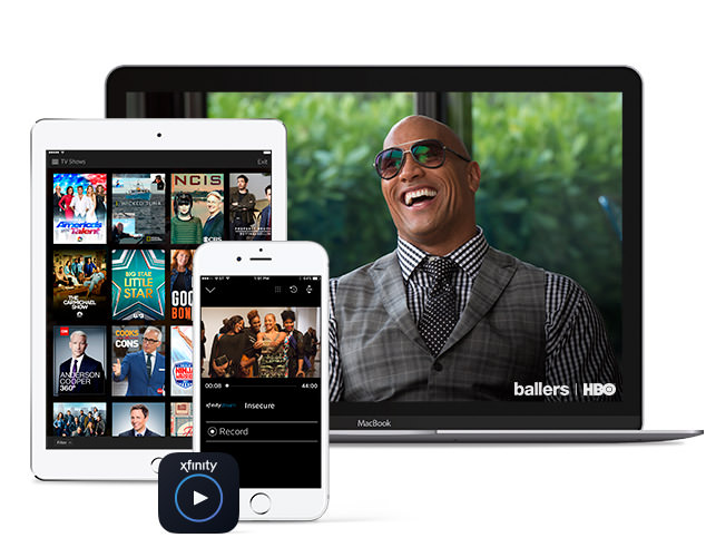Ballers se muestra en laptop, la tablet muestra un listado de canales, y iPhone muestra Insecure